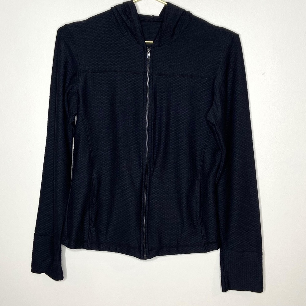 Prana Black Zip Front Hooded Waffle Texture Long Sleeve Jacket Size Large